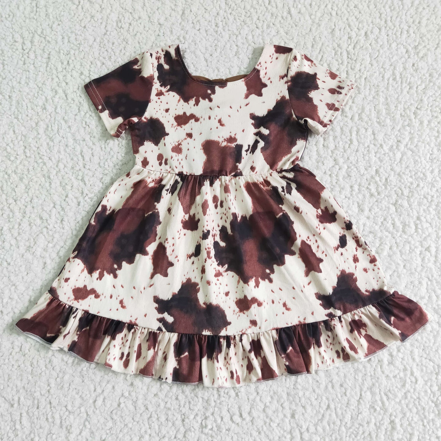 hot sale girl short sleeve twirl dress with milk cow print kids summer ruffle frock with rosette