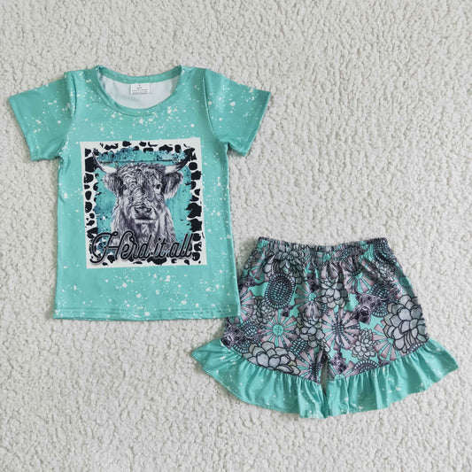 girl green tie-dye outfit kids short sleeve cow print top and floral pattern shorts 2pcs