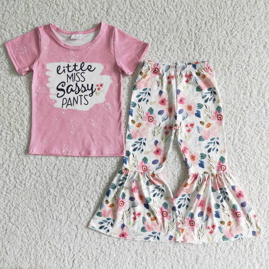 girl short sleeve outfit kid pink top with letter design and flowers pattern flare pants 2pcs