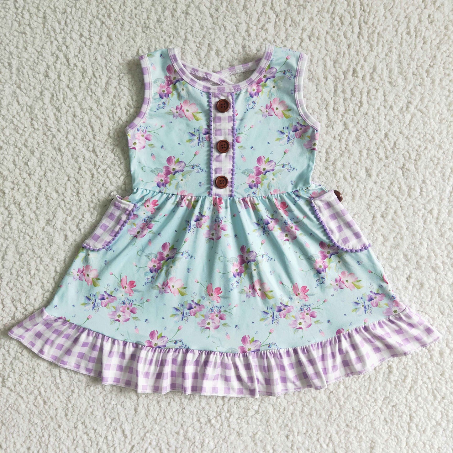 girl floral sleeveless frock with pockets kids fashion plaids summer twirl dress