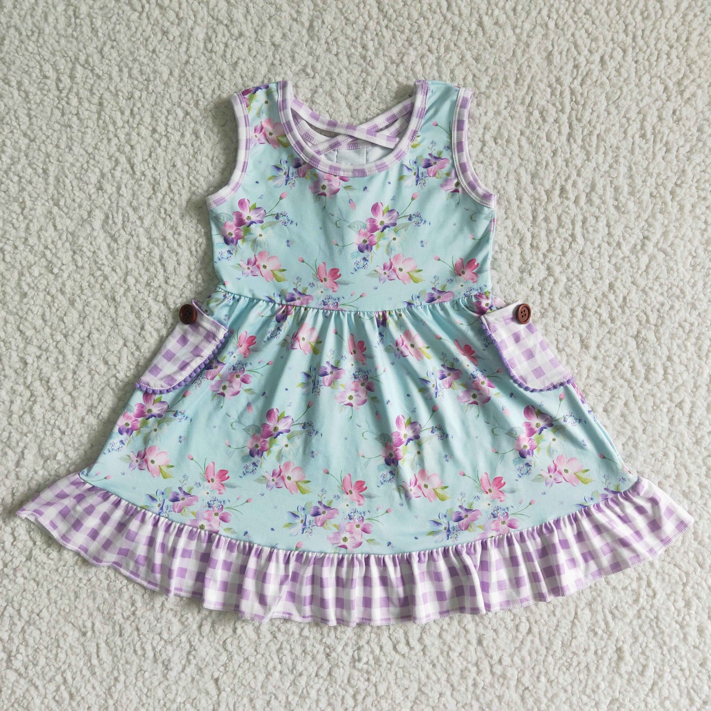 girl floral sleeveless frock with pockets kids fashion plaids summer twirl dress