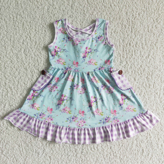 girl floral sleeveless frock with pockets kids fashion plaids summer twirl dress