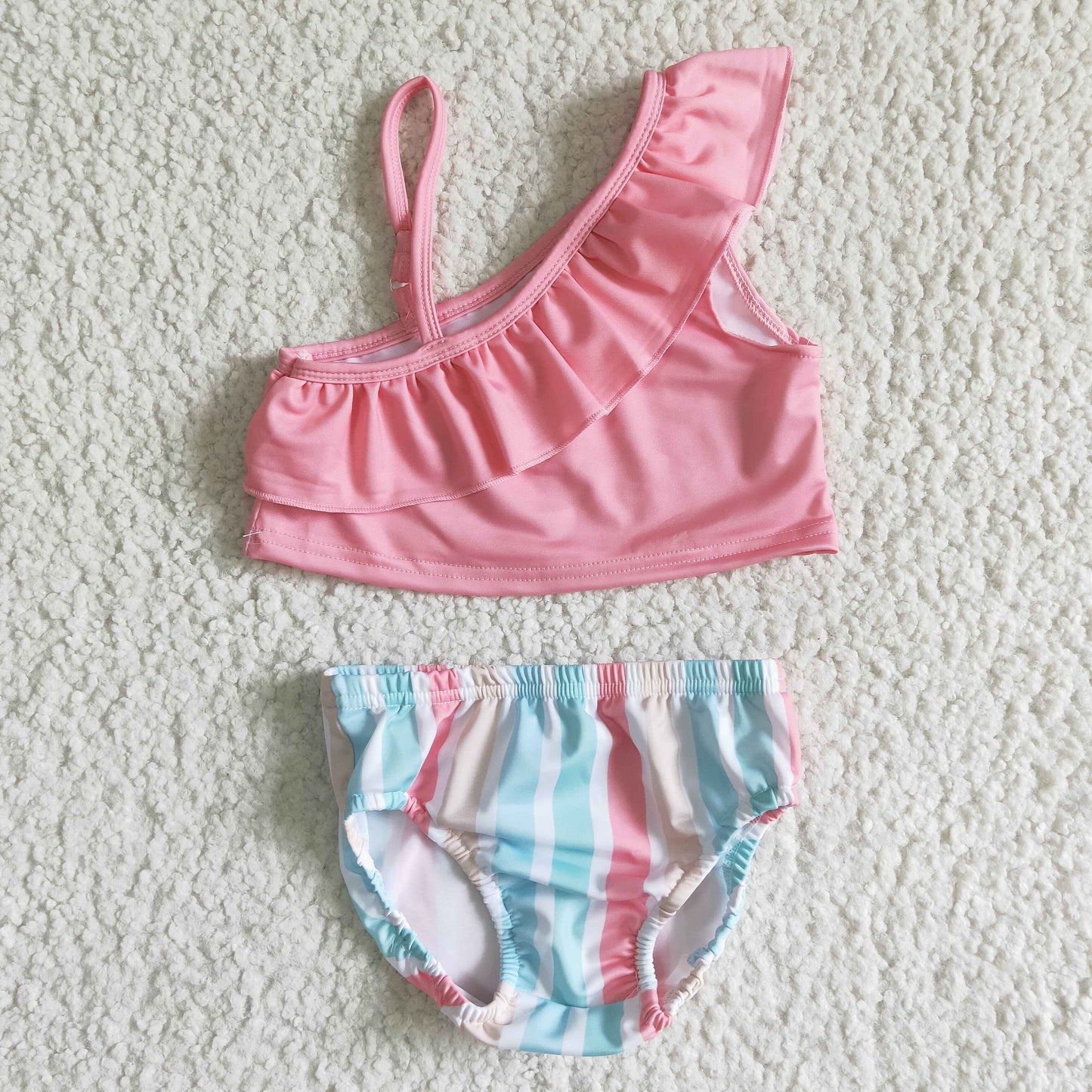 baby girls pink sloping shoulder tank and stripes bummie swimming suit with adjustable shoulder strap