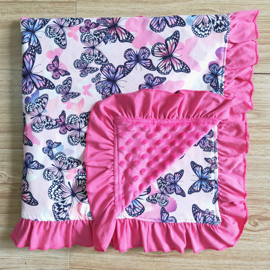 74*83cm infants baby butterfly pattern blankets with pink ruffled edge