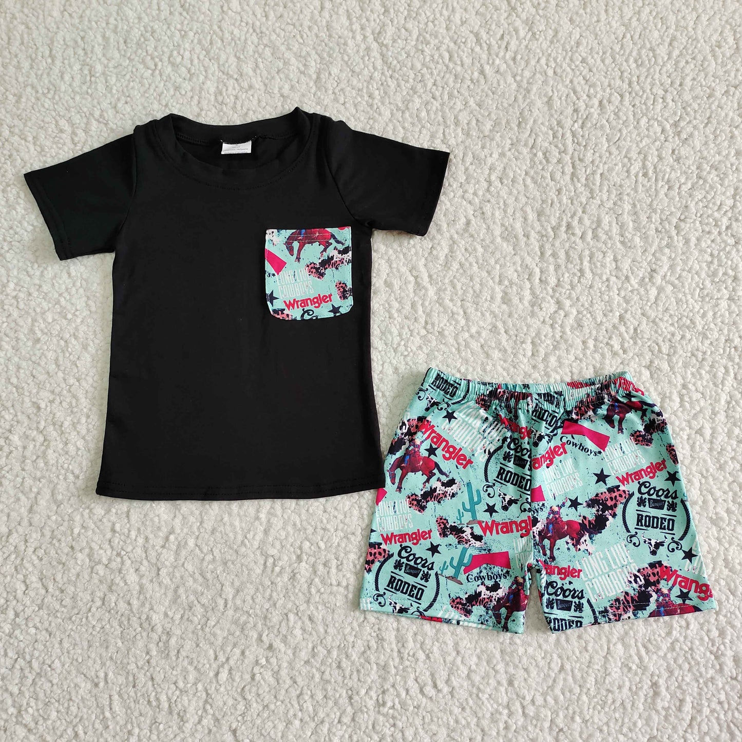 boy black solid short sleeve top match shorts outfit with pocket