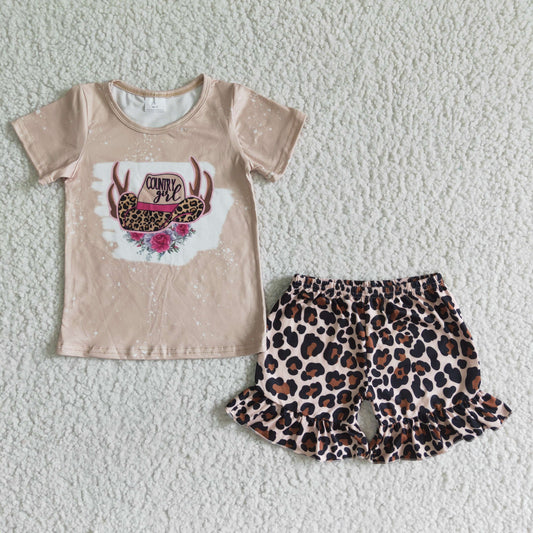 girl hat and flowers pattern blouses and leopard shorts set kids summer outfit