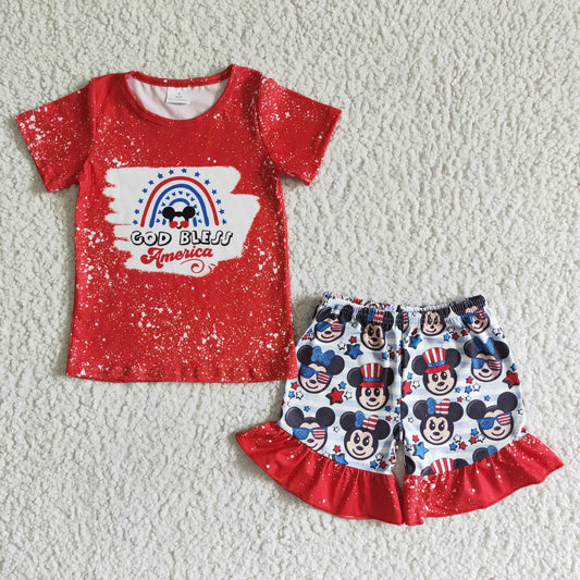 girl July 4th short sleeve red top and cute ruffle shorts set kids summer outfit
