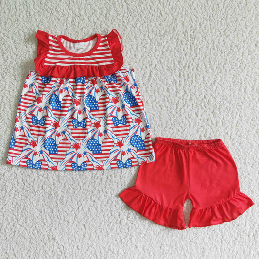 girl stripes and stars pattern summer outfit kids independence day short sleeve top and red solid shorts 2pcs