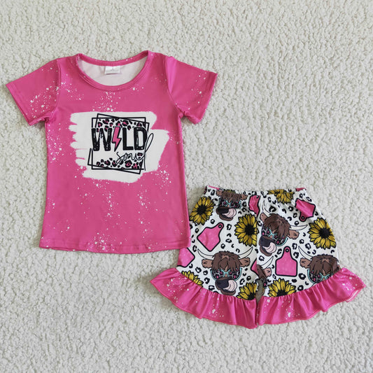girl rose red short sleeve blouses and sunflowers print shorts set