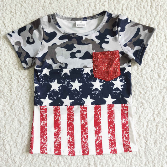 boy camo star and stripes print short sleeve shirt kids July 4th blouses with sequin pocket
