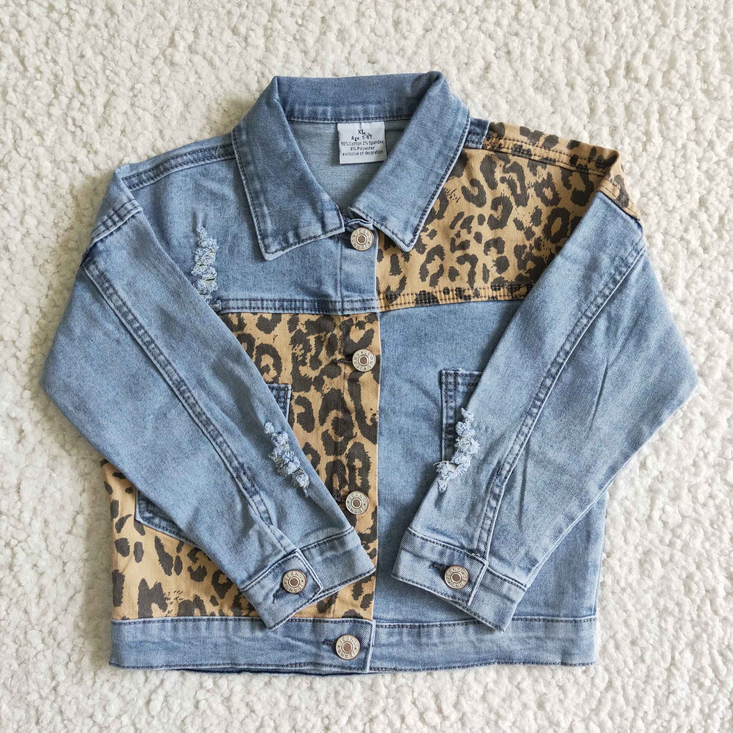 GT0002 kids fashion long sleeve leopard stitching denim jacket girl autumn coat with pocket