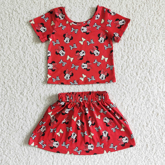 baby girls red outfit with short sleeve top and elastic waist skirt