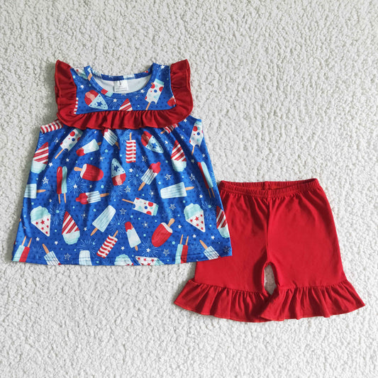 kids July 4th short sleeve outfit girl popsicle and star patterns top and red solid shorts 2pcs