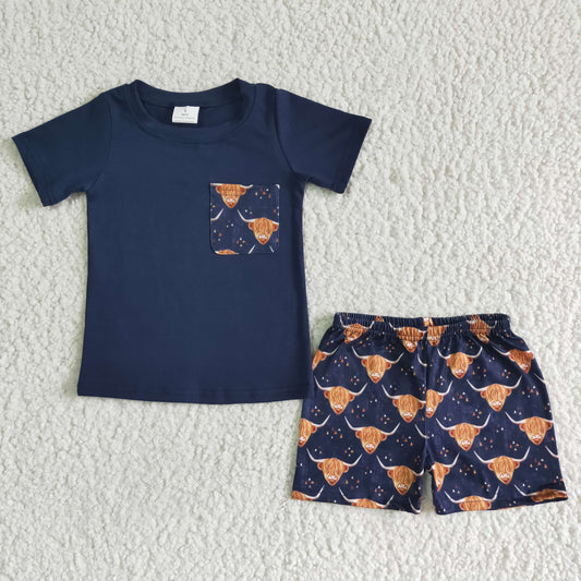 boy navy solid t-shirt match cow print shorts 2pieces set kids summer short sleeve outfit