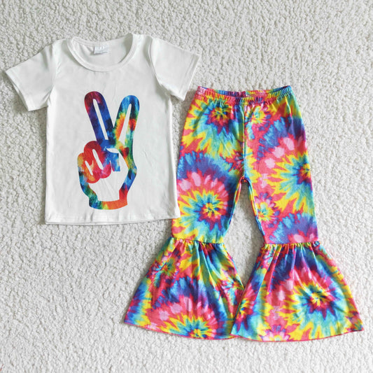 girl white short sleeve top tie-dye flare pants set children summer outfit