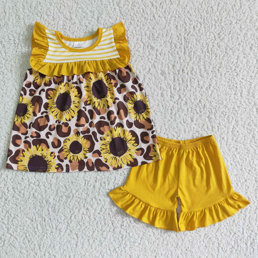 girl sunflowers and leopard print top match yellowe shorts 2pieces set
