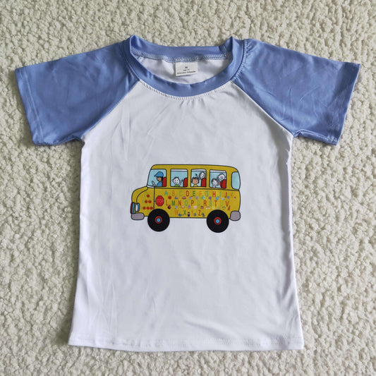 boy back to school bus print t-shirt with raglan short sleeve