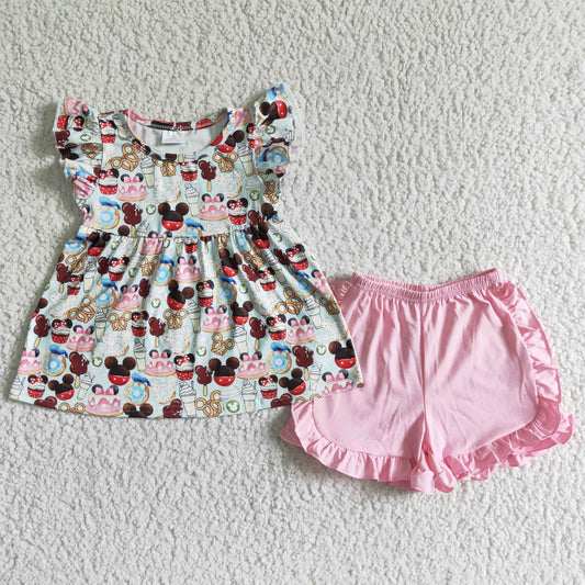girl cute short sleeve top and pink ruffle shorts outfit