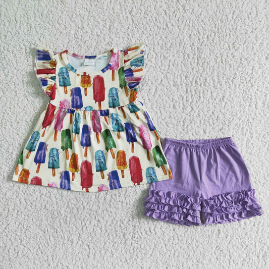 baby girls summer colorful popsicle top and purple cotton ruffle shorts