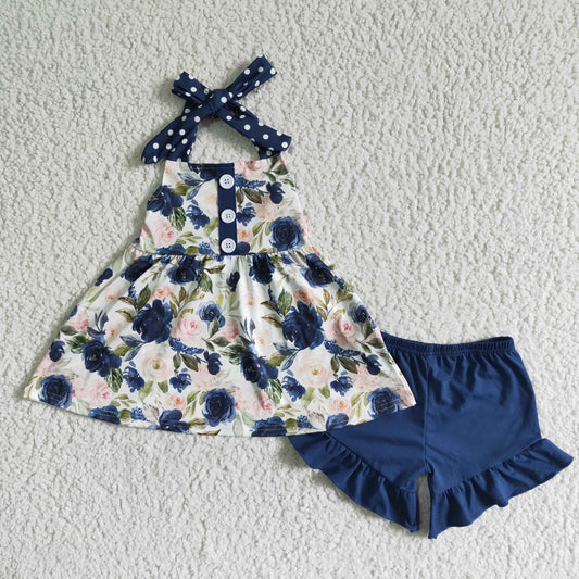 girl halter top and navy cotton shorts children summer sleeveless flowers pattern outfit