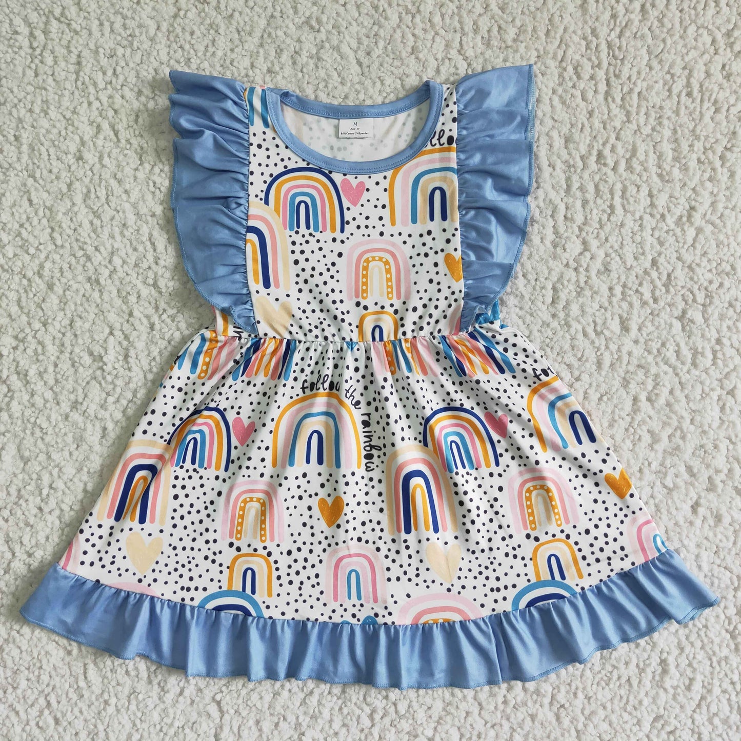 children blue ruffle and rainbow print twirl dress with short sleeve