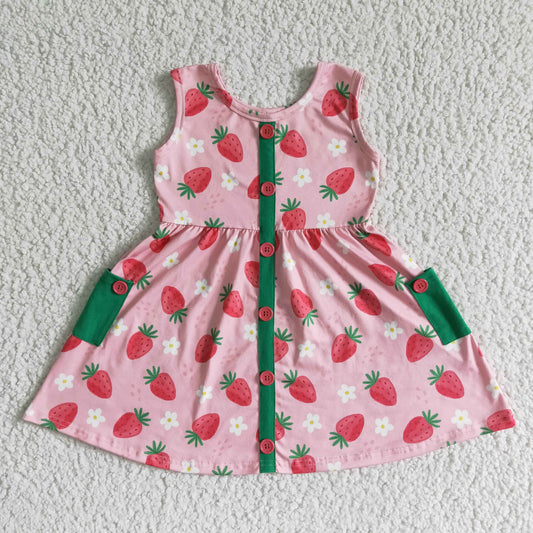 baby girls cute strawberry and floral frock kids sleeveless twirl dress with green pockets