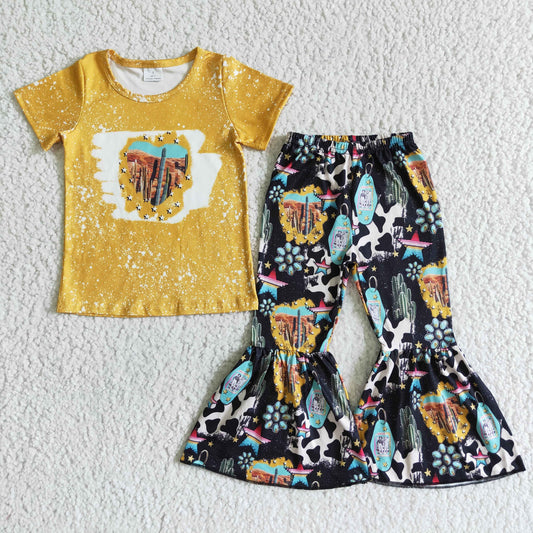 girl cactus outfit with yellow short sleeve top and bell pants