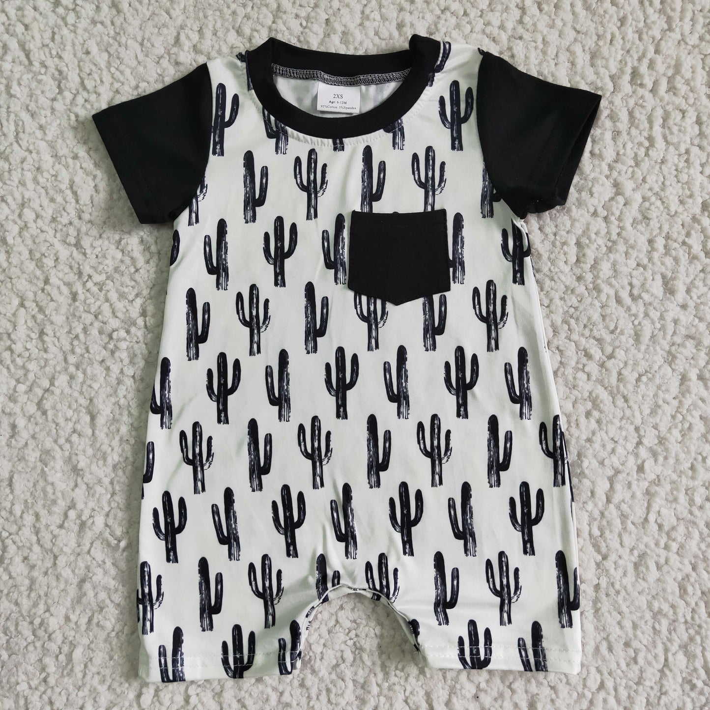 boy short sleeve cactus print romper children summer jumpsuit with black pocket