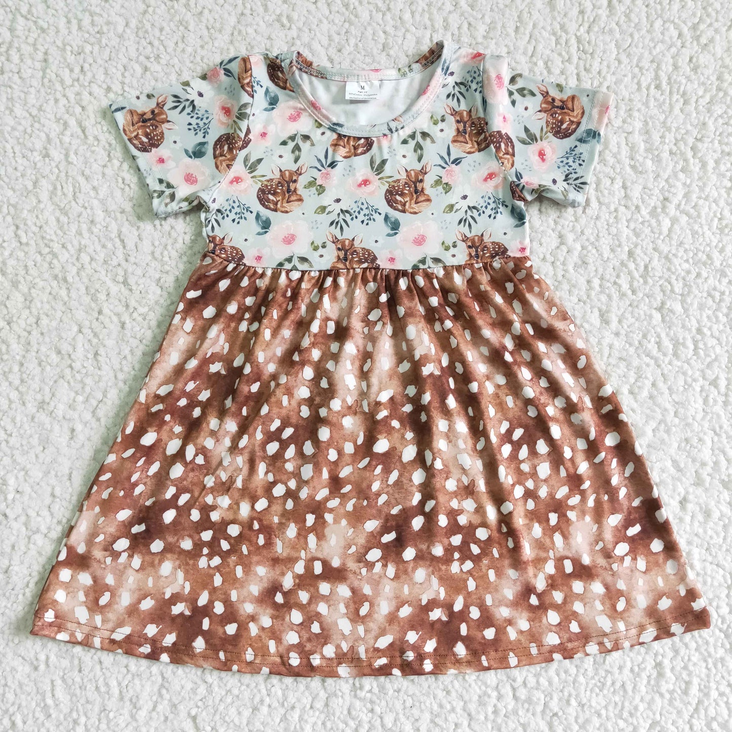 girl deer and flowers pattern short sleeve dress