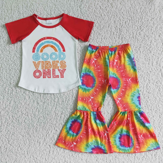 girl red raglan short sleeve shirt and tie-dye pants outfit kids summer rainbow clothes