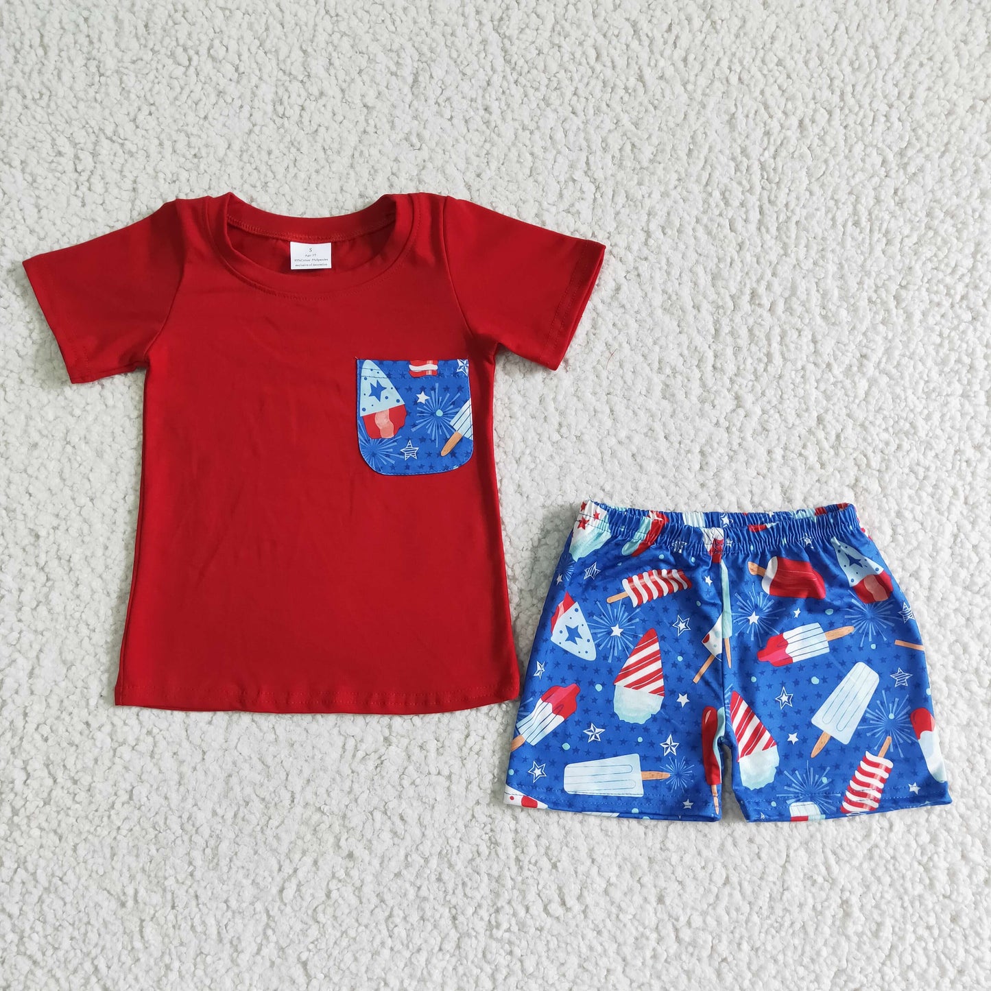 boy red cotton short sleeve top and popsicle shorts 2pieces set kids summer outfit