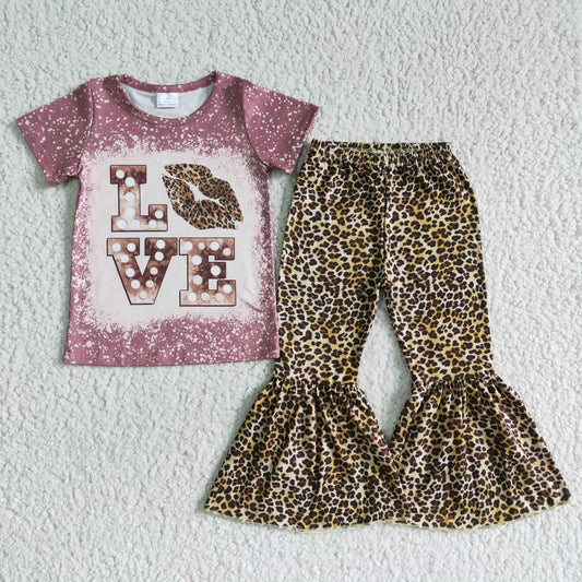 girl tie-dye top and leopard bell pants 2pieces set kids love letter outfit