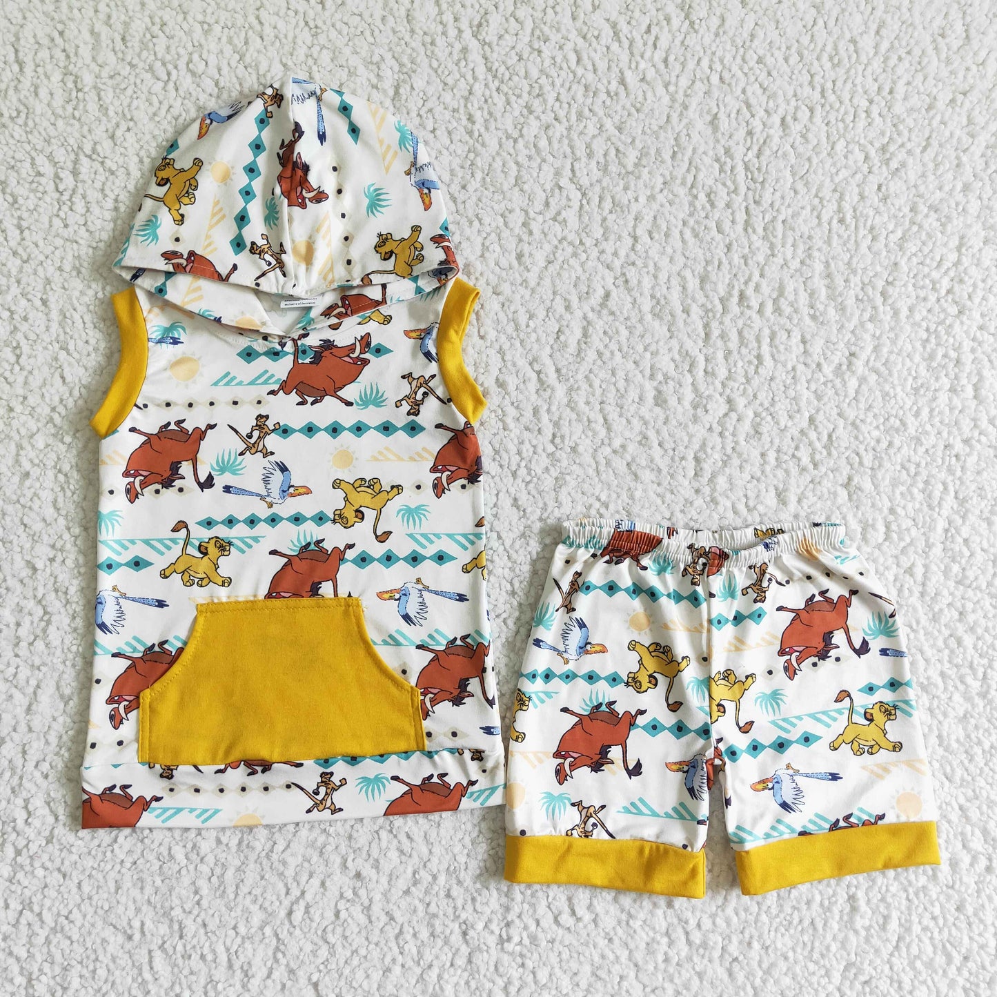 boy sleeveless hoodie and shorts outfit with yellow pocket