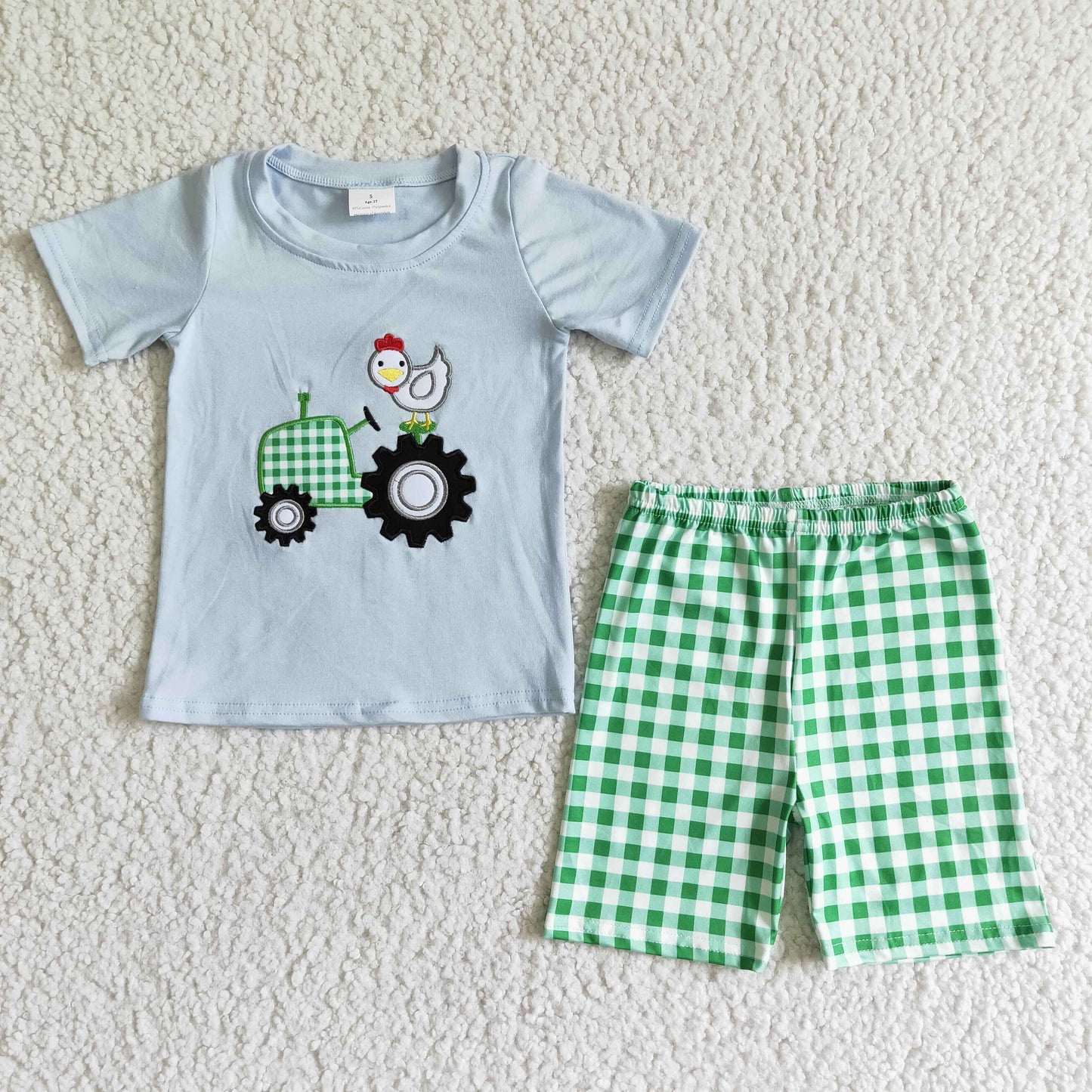 little boy high quality embroidery chicken top and plaid shorts outfit