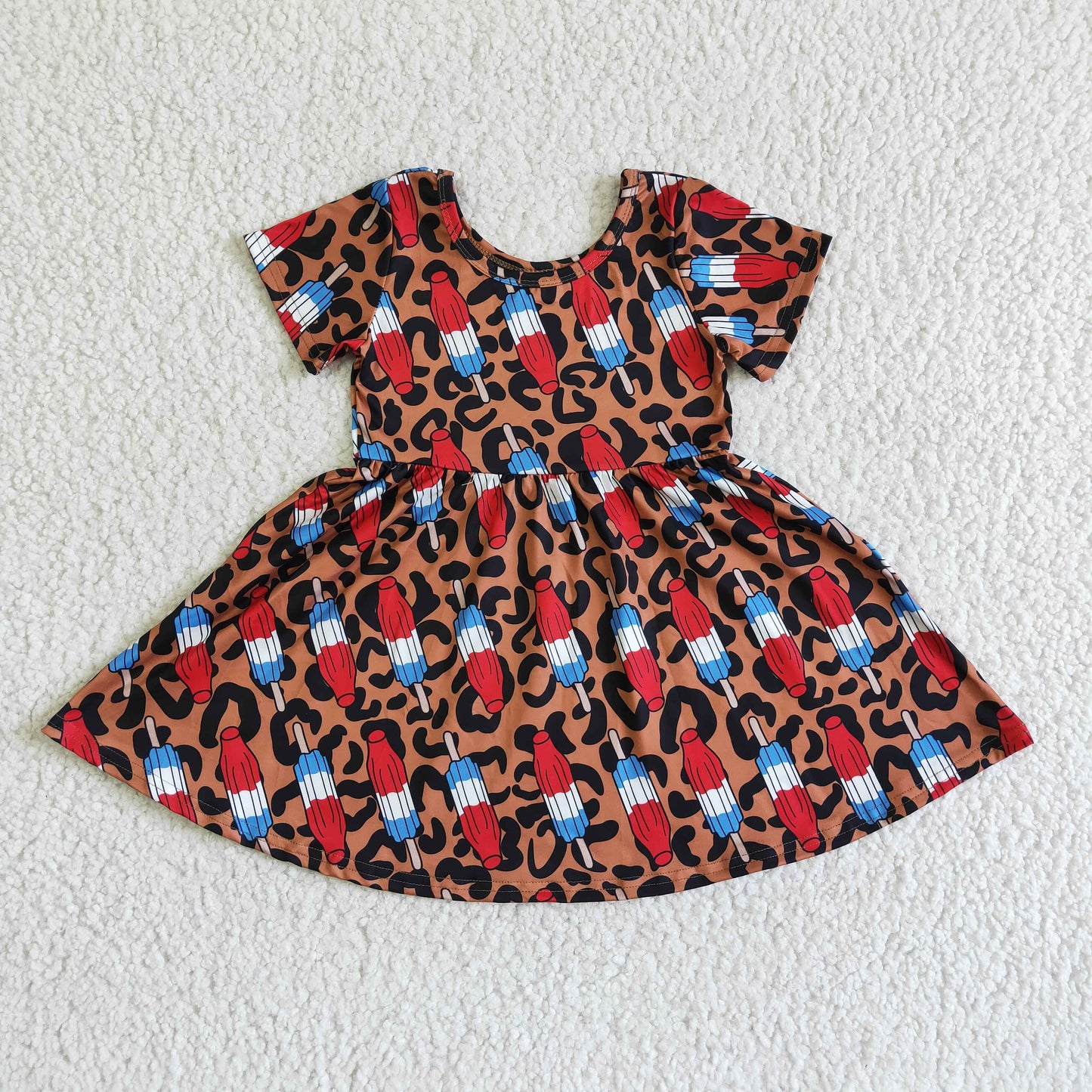 Independence Day kids dress girl short sleeve popsicle and leopard print twirl frock