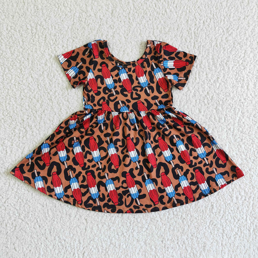 Independence Day kids dress girl short sleeve popsicle and leopard print twirl frock