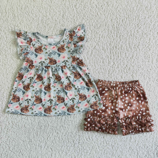 girl o-neck short sleeve top and brown icing ruffle shorts outfit with deer pattern