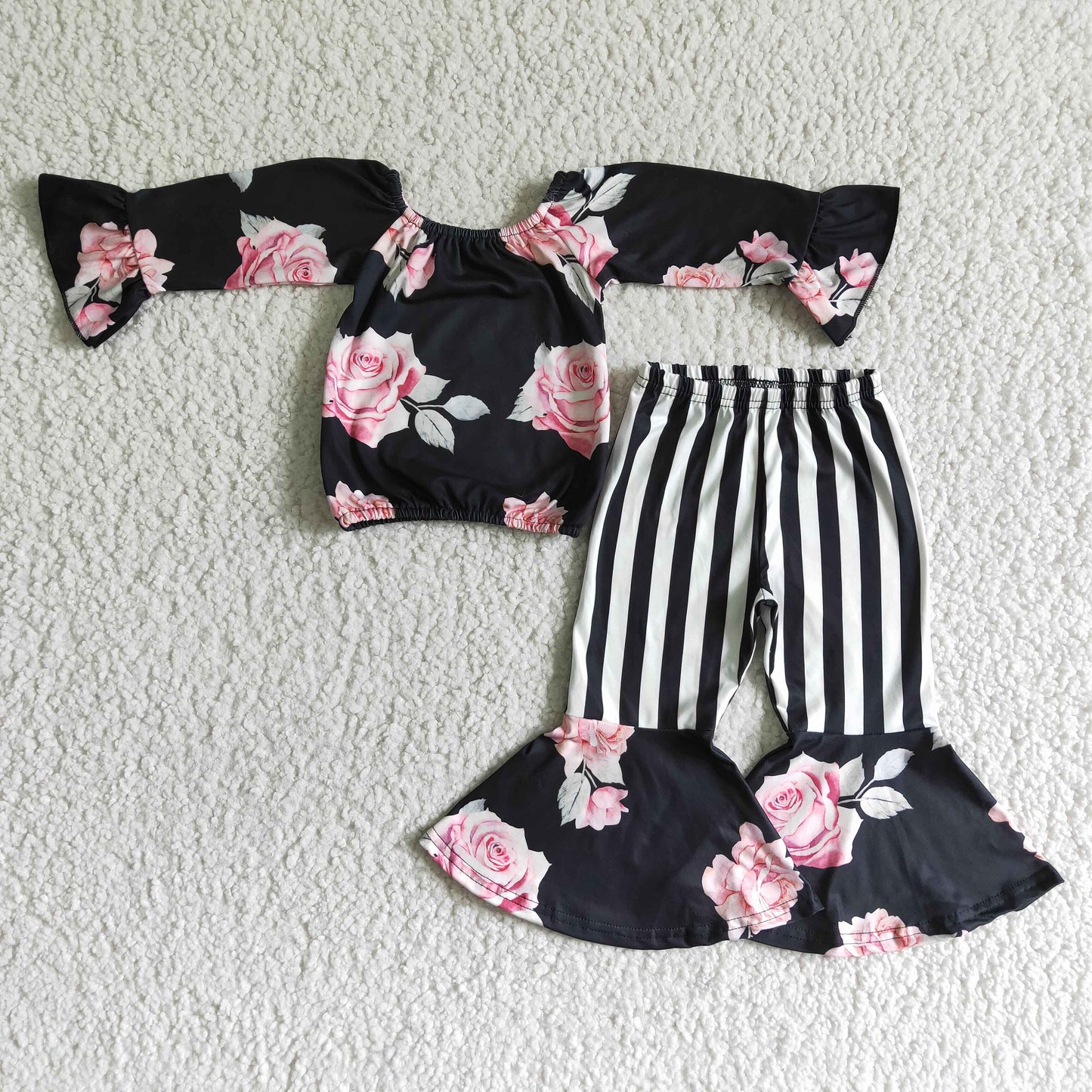 girl long sleeve black top and stripes bell pants kids flowers pattern outfit