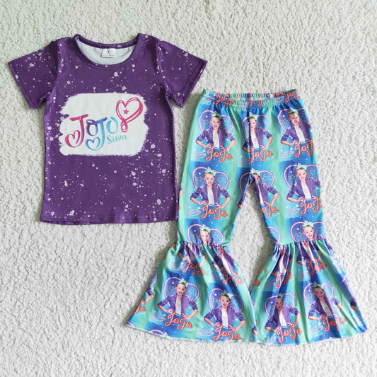 girl purple top and flare pants suit kids short sleeve outfit