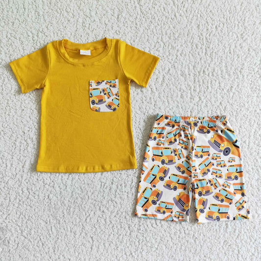 boy yellow cotton short sleeve top and bus pattern shorts 2pieces set kids back to school outfit
