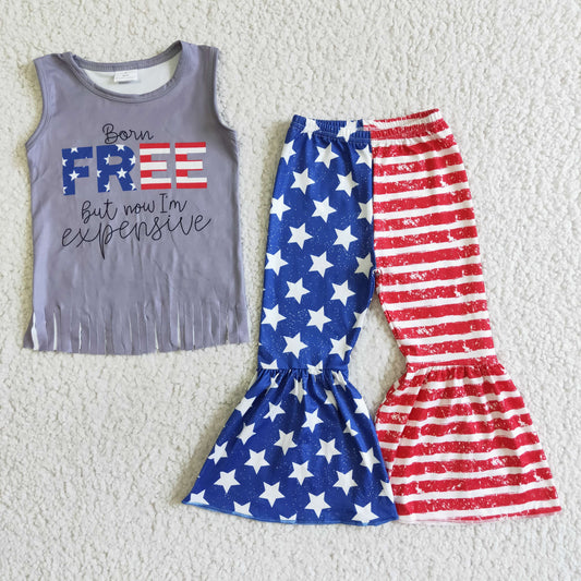 girl sleeveless tassel tank top match star and stripes print bell pants suit kids July 4th outfit