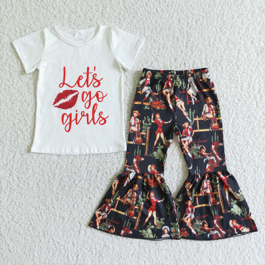 girl white short sleeve top and black bell pants outfit with letter design