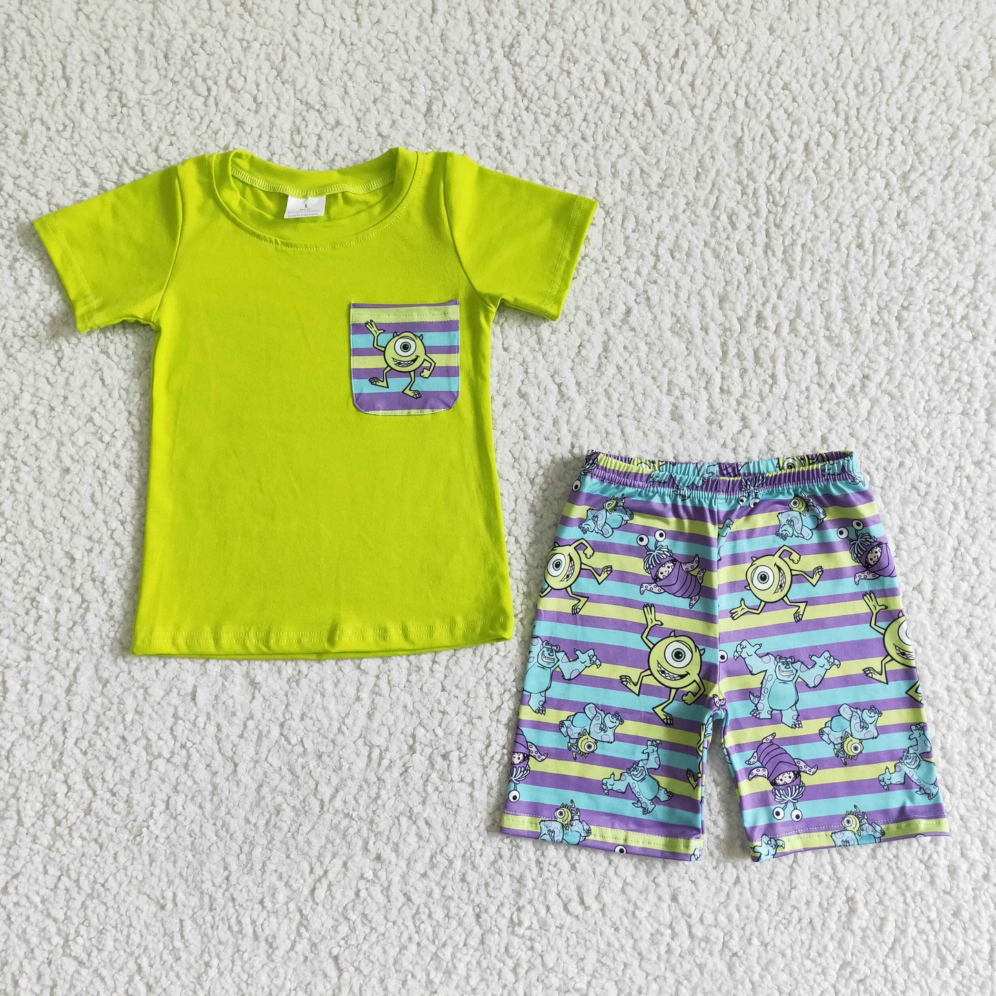 children boy light yellow top and stripes shorts outfit for summer