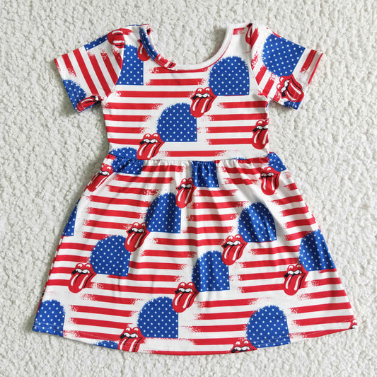 Independence Day kids short sleeve frock girl star and stars print dress with o-neck