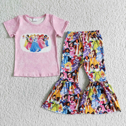 children pink top and flare pants suit girl fashion o-neck summer outfit