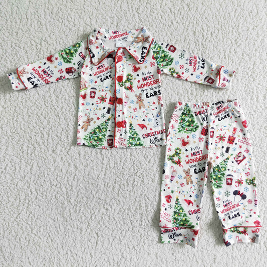 boy christmas tree pajamas set kids long sleeve turn-down collar outfit with letter design