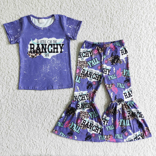 girl blue top and flare pants set with short sleeve