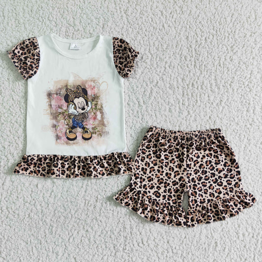 girl white o-neck short sleeve top and leopard shorts set kids fashion summer outfit