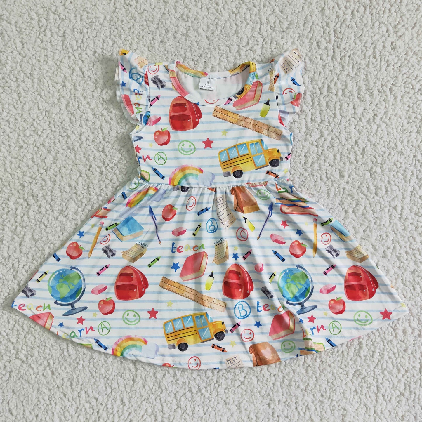 girl school bus and ruler print short sleeve twirl dress kids back to school frock