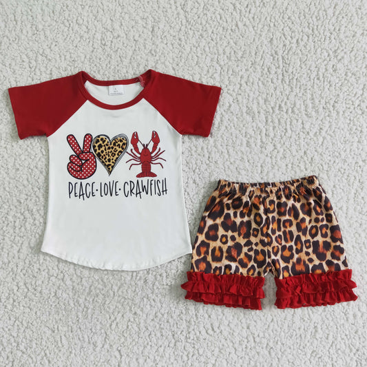 summer girl raglan shirt and icing ruffle shorts 2pieces set kids lobster print outfit